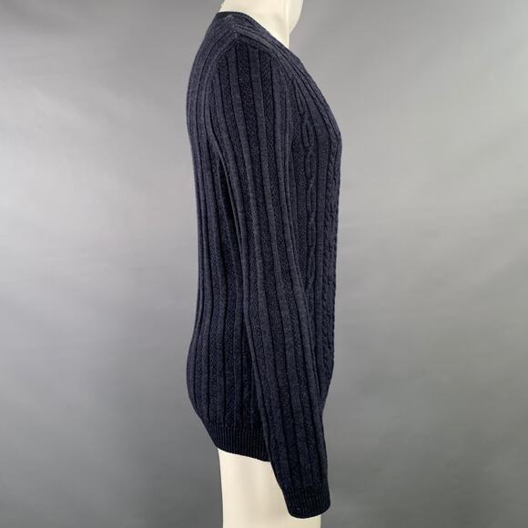 LENOR ROMANO Size M Navy Cable Knit Merino Wool V-Neck Pullover - Picture 2 of 6